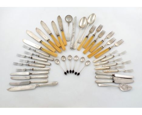 λ A mixed lot of silver flatware, various dates and makers, comprising: a set of six Victorian fish knives and forks, Sheffie