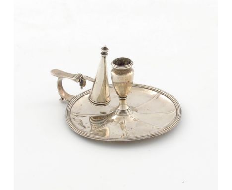 A George III miniature silver chamber stick, maker's mark worn, London 1797. circular form, scroll handle, urn shaped capital