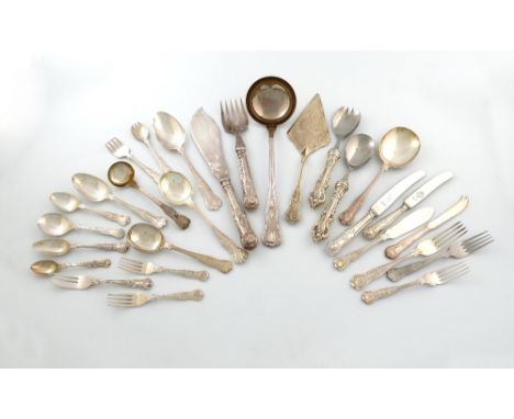 A matched electroplated canteen for twelve of Kings pattern flatware, comprising: twelve table forks, twelve table knives, tw