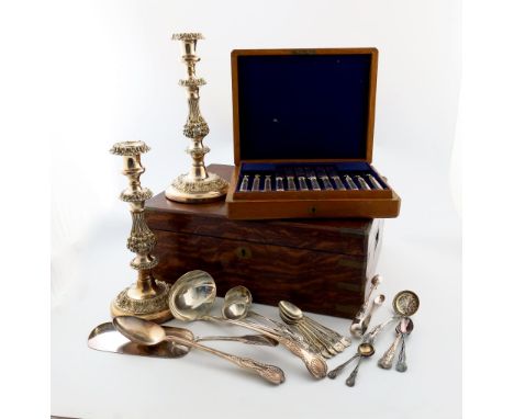A mixed lot, comprising electroplated items: a soup ladle, a basting spoon, a pair of sauce ladles, a sifting spoon, five tea