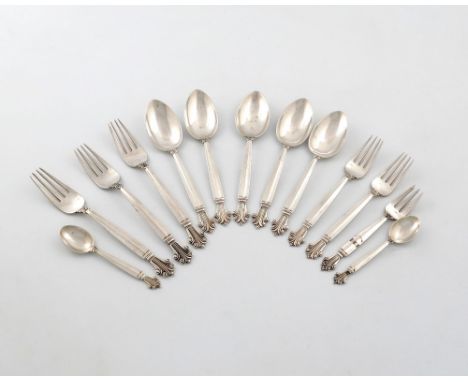 Designed by Johan Rohde for Georg Jensen, a collection Danish silver Acanthus pattern flatware, comprising: three table forks