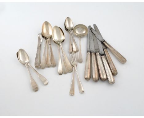 A mixed lot of silver Old English pattern flatware, various dates and makers, comprising: six tablespoons, a sauce ladle, thr