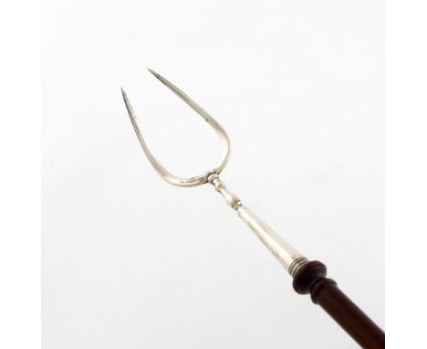 A George III silver toasting fork, unmarked circa 1800-1820, the two pronged tines, scratch initialled 'W', turned wooden bal
