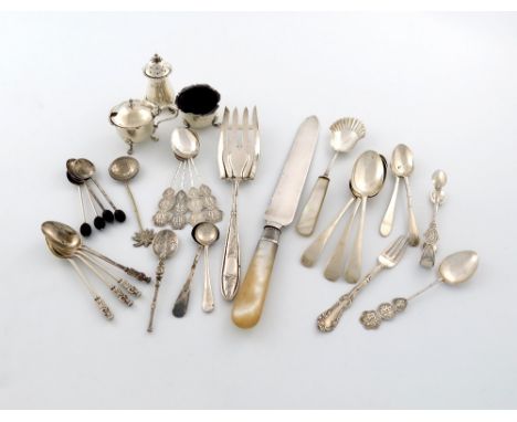 A mixed lot of silver flatware, various dates and makers, comprising: a late-Victorian silver cake knife, Sheffield 1900, wit