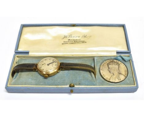 JW BENSON 9CT GOLD WATCH &amp; GEORGE V COIN  25.8mm round Art Deco case, stamped 9.375, reverse engraved 'GR1937' with silve