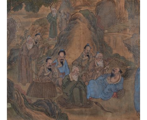 A CHINESE SCROLL probably 19th century, black ink and gouache, depicting elders and others in a landscape setting, the main i