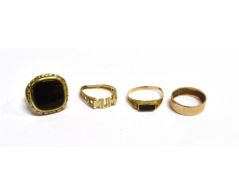 VARIOUS 9CT GOLD &amp; ONYX SET RINGS  To include a square cut onyx tablet ring, with scroll embossed decoration to sides, a 