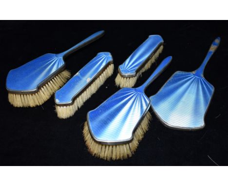 ART DECO SILVER DRESSING TABLE SET  Silver mounted and decorated with sky blue guilloche enamel, hallmarked Birmingham 1930/3