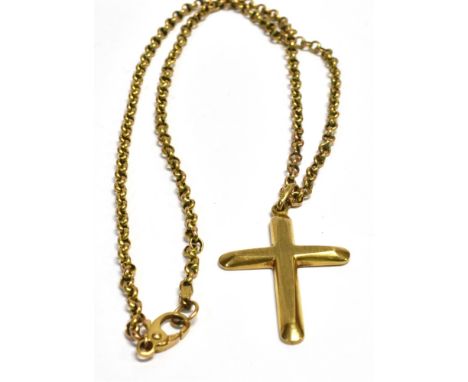 9CT GOLD CRUCIFIX &amp; CHAIN  3.7cm long Latin cross on antique belcher link chain, stamped 9ct, 46cm long with modern parro