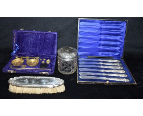 SILVER MOUNTED ITEMS &amp; JEWELLERS SCALES To include a hair brush, silver topped cosmetic pot with hobnail cut crystal base