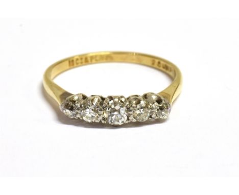 18CT GOLD &amp; ESTATE DIAMOND FIVE STONE  Five platinum coronet claw settings containting estate cut diamonds, estimated to 