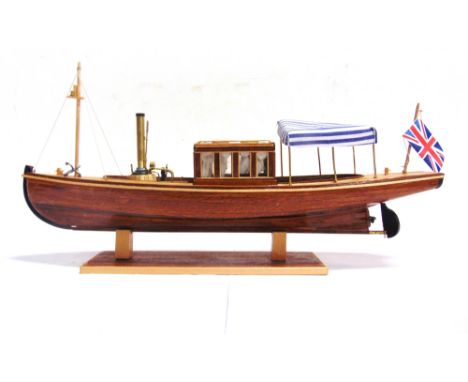 A SCRATCH-BUILT MODEL OF A RIVER LAUNCH 'LOUISE'  of principally varnished wood construction, 45cm long, on a display stand.