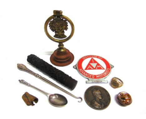 ASSORTED COLLECTABLES  comprising a horse harness brass fly terret, with a wheatsheaf design, on a turned wood base, overall 
