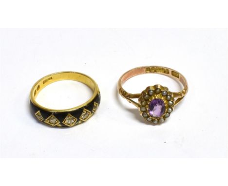 ANTIQUE DIAMOND &amp; GEM SET RINGS  An 18ct gold mourning ring with black enamel head set with five box grain set, old singl