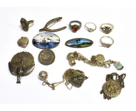 QUANTITY OF SILVER JEWELLERY  To include an Ivor.T.Holth Norwegian silver and guilloche enamel brooch, charm bracelet, baltic