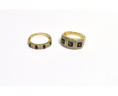 9CT GOLD SAPPHIRE &amp; DIAMOND RINGS  One with bezel set square cut dark blue sapphires estimated to total 0.72 carats and g