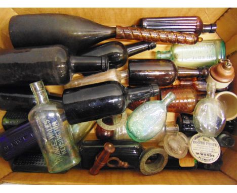 ASSORTED GLASS BOTTLES  beer, medicine, poison and others, including one aqua flask marked 'W.H. Clark / Wine Merchant / &amp