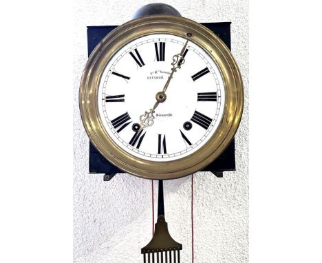 A FRENCH COMTOISE WALL CLOCK  late 19th century, the 23cm diameter white enamel dial with black Roman numerals, fitted with a