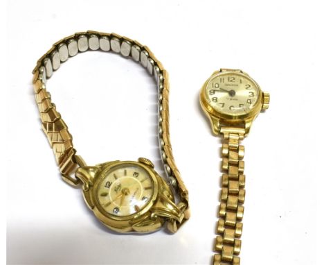 LADIES VINTAGE GOLD DRESS WATCHES  One 9ct gold Sekonda with broken strap, one gold plated Lindex with expanding strap.  Weig