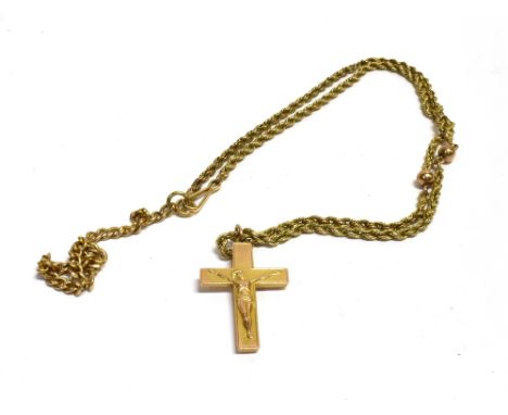 ANTIQUE 9CT GOLD CHAIN &amp; CRUCIFIX  40cm long rope link and orb chain with clip clasp and Latin crucifix attached.  Hallma