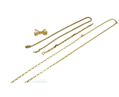 A QUANTIY OF 9CT GOLD JEWELLERY  To include a modern, oval belcher link chain, 74cm long, an antique round belcher link chain