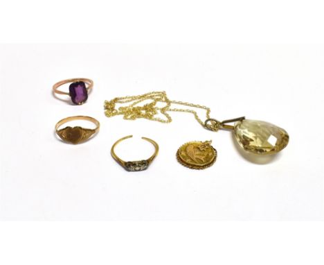 QUANTITY OF 9CT GOLD JEWELLERY  To include a citrine briolette pendant, estimated 35 carats, on cable chain, cushion cut purp