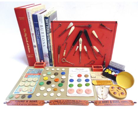 BUTTONS - ASSORTED COLLECTABLES  comprising reference books; a carded display of button hooks; a carded display of laundry-pr