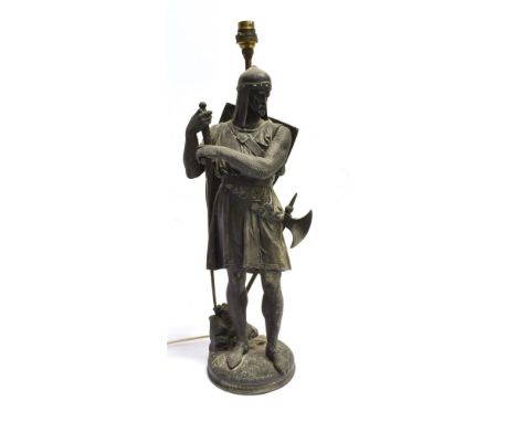 A SPELTER FIGURAL TABLE LAMP  in the form of a Scottish knight, after Jean Jules Salmson, 53.5cm high (inclusive of fitting; 
