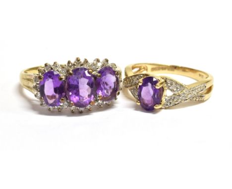 9CT AMETHYST &amp; DIAMOND DRESS RINGS   One claw set with three oval mixed cut amethysts, estimated to total 2.5 carats, sur