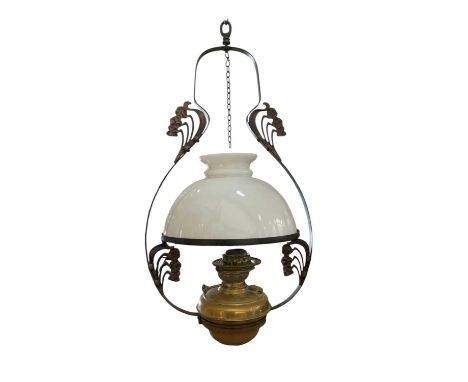 Edwardian hanging oil lamp with shade, approximately 72cm
