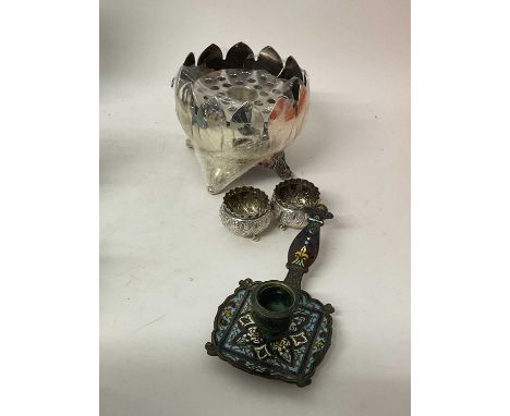 Pair of Victorian silver salts, an enamelled candleholder and a plated rosebowl