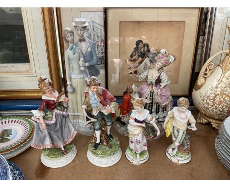 Six porcelain figures, including Dresden and others