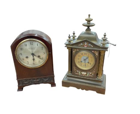 Late 19th century French mantle clock with enamelled decoration, retailed by Collingwood &amp; Son, together with an early 20