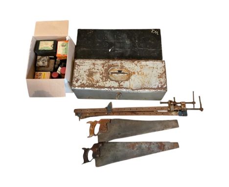 Large quantity of old tools including planes, saws and clamps, also to include photographic chemicals and others