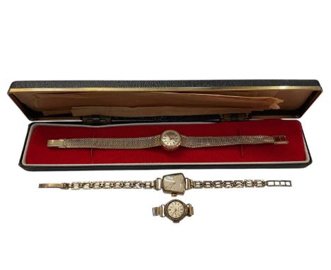 9ct gold vintage ladies wristwatch on 9ct gold integral mesh bracelet, boxed, together with an Avia 9ct gold cased watch and 