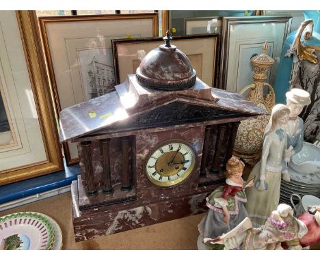 Large Victorian red marble mantle clock, of classical form with frieze panel, 47cm wide