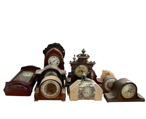 Collection of old mantle clocks including Art Deco marble clock, 1930s grandmother clock (13)