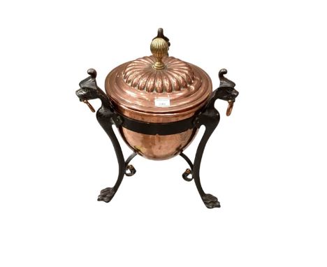 Victorian copper coal bin on iron tripod stand