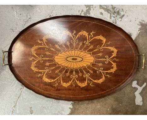 Edwardian mahogany and marquetry inlaid twin handled oval tray and an oil lamp