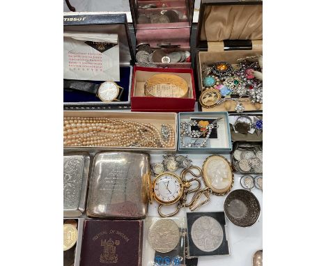 Vintage jewellery, gold plated bangle, silver cigarette case, Tissot wristwatch in box, various coins and bijouterie