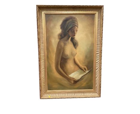 Large oil on canvas portrait of a nude woman reading, framed, 94cm x 59cm
