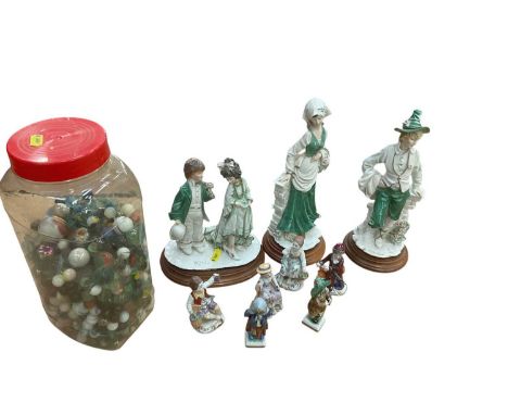 Collection of vintage marbles and lot figures, including Dresden and similar