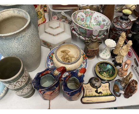 Pair of large Dartmouth Devon pottery vases, pair of ironstone jugs, Belleek vase, cloisonné vase and dish, oriental figures,