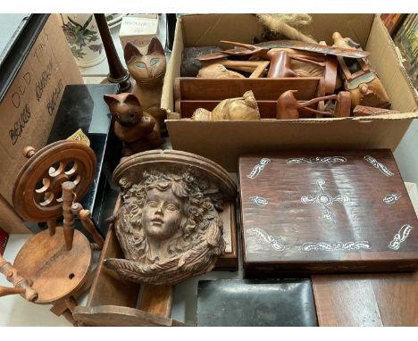 Group of treen items including a mother of pearl inlaid work box, other boxes, carved figures and animal ornaments, table lam