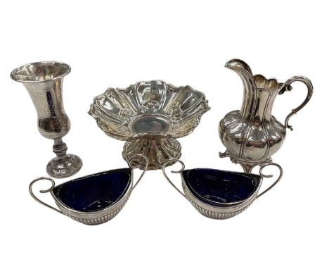 Art Nouveau silver pedestal dish, pair of silver salts, silver cream jug and other silver items