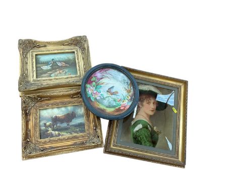 Pair of reproduction oils of ducks and another of cows, a Victorian reverse printed glass portrait, resin figure after the an