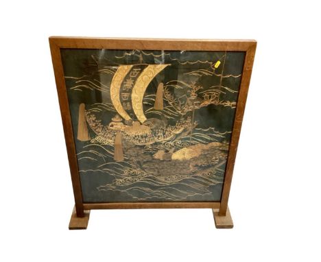 Interesting silkwork, Chinese and gilt work firescreen, in glazed oak frame, 79cm wide, 89cm high