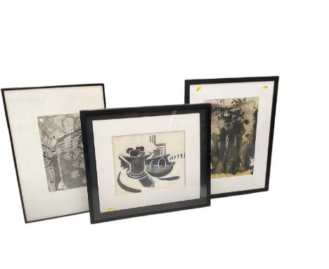 Nick Whistler abstract, Mortimer Menpes etching, Ely Cathedral print, Clive Beer print and After Braque, framed poster and sm