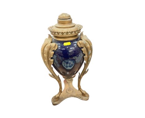 19th century continental gilt metal and ceramic oil lamp base.
