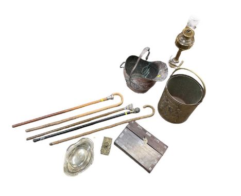 Group of walking sticks to include a silver mounted example, blotter, rosewood writing slope, assorted metalwares and an oil 